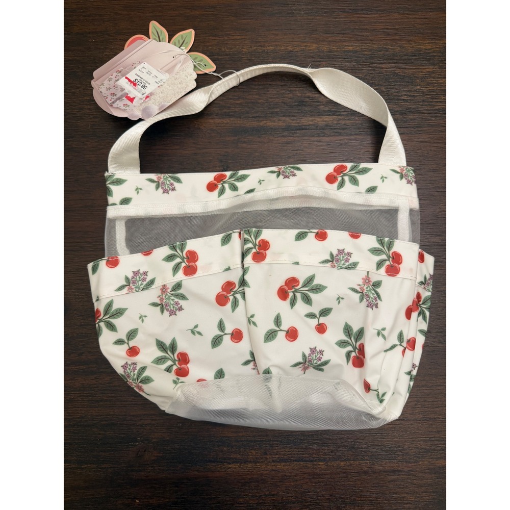 Cherry Shower Caddy Tote White Red Floral Mesh Pockets NWT